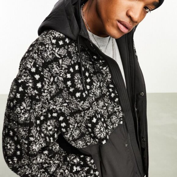 NWT ASOS DESIGN Mixed Media Paisley Print High Pile Fleece Jacket -size Large - Picture 2 of 7